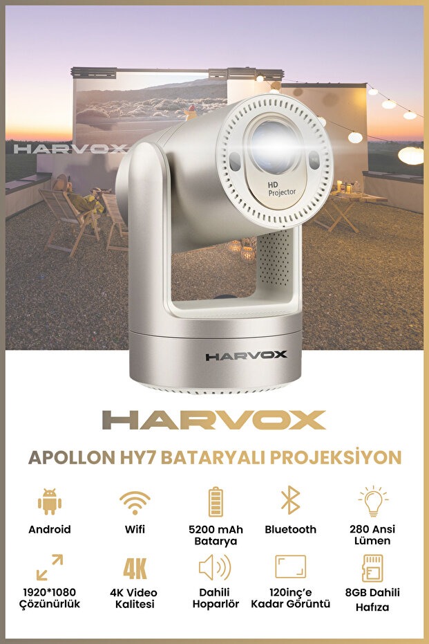 HY7 Bataryalı Projeksiyon Cihazı Taşınabilir 4K Destekli 1080P Android Sistemli Projektör