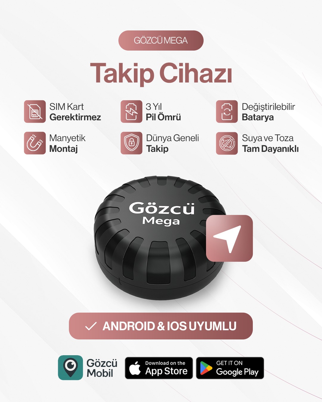 Gözcü Mobil Mıknatıslı GPS Takip Cihazı - Profesyonel Araç, Motor, Evcil Hayvan ve Valiz Takibi - iOS & Android Uyumlu (Siyah)