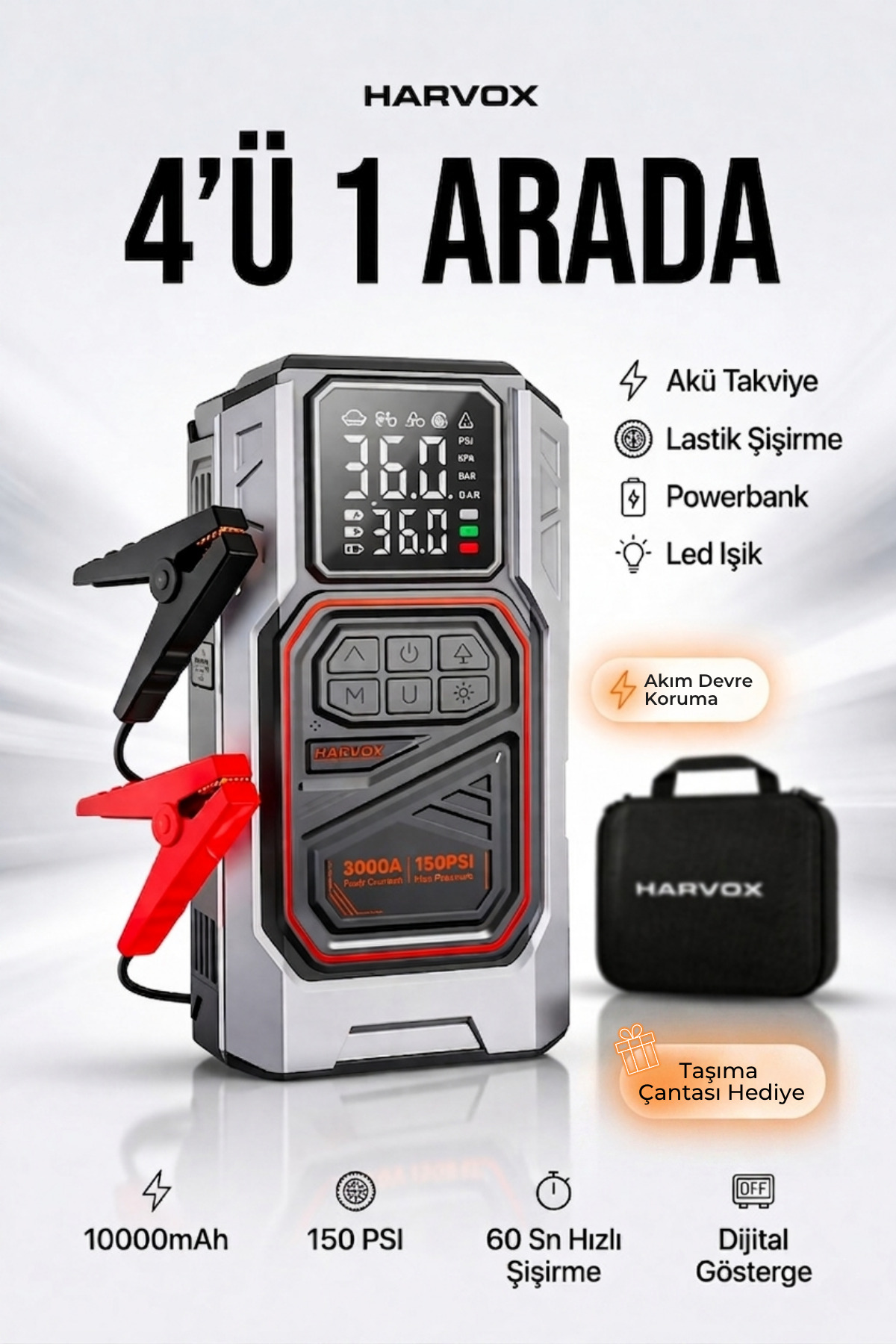 HARVOX Taşınabilir Akü Takviyeli Hava Kompresörü Şarjlı Powerbankli Göstergeli Araç Lastik Şişirme