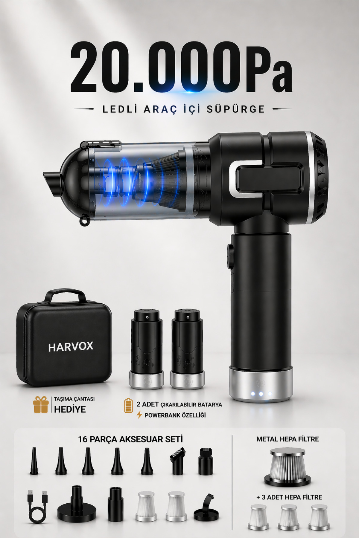20.000Pa Ultra Güçlü LED'li Araç İçi Süpürge Kit – Çift Çıkarılabilir Bataryalı & Powerbank Özellikli