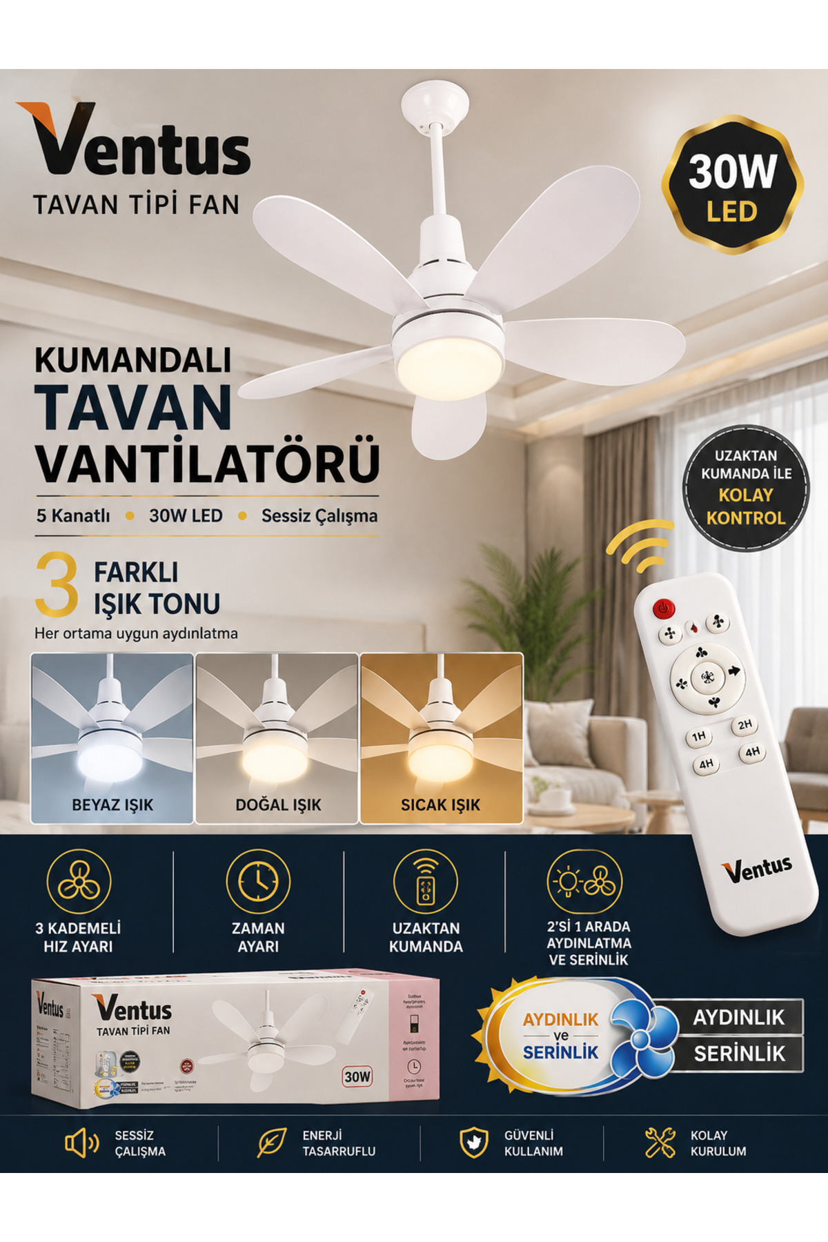 Uzaktan Kumandalı LED Işıklı Tavan Vantilatörü – 5 Kanatlı Sessiz Tavan Fanı (3 Farklı Işık Tonu)