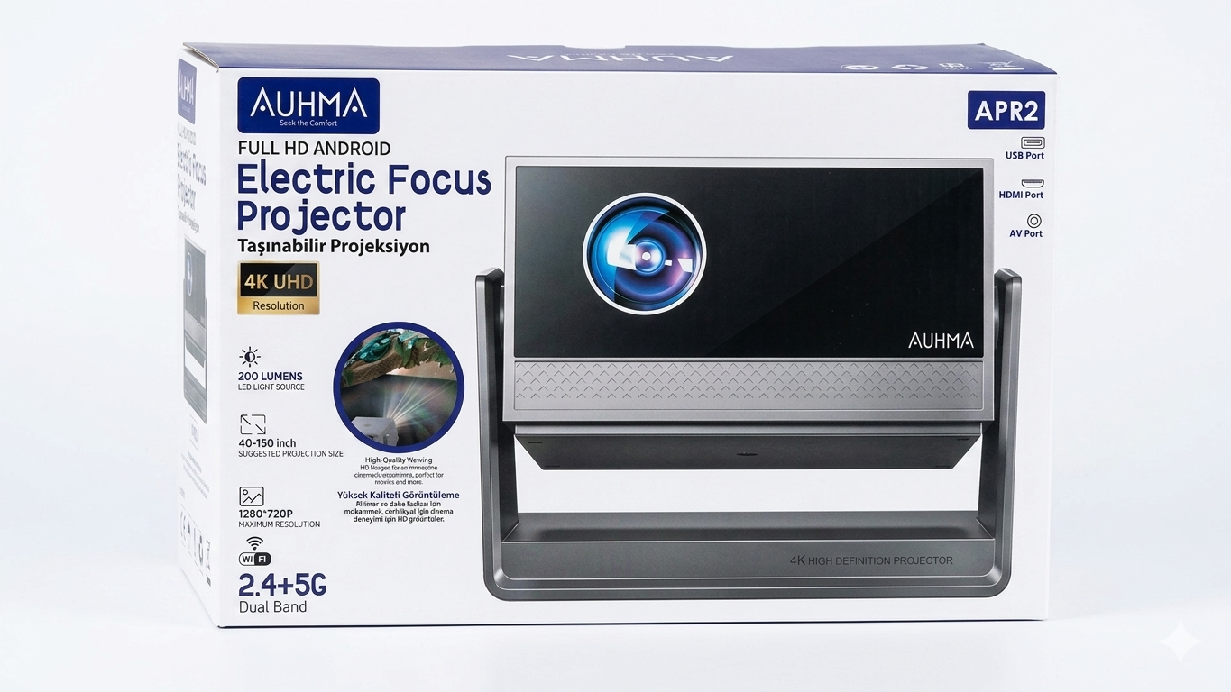 AUHMA APR2 Akıllı Projeksiyon Cihazı - Full HD Android, Otomatik Netleme, 4K Destekli, Dual Band Wi-Fi