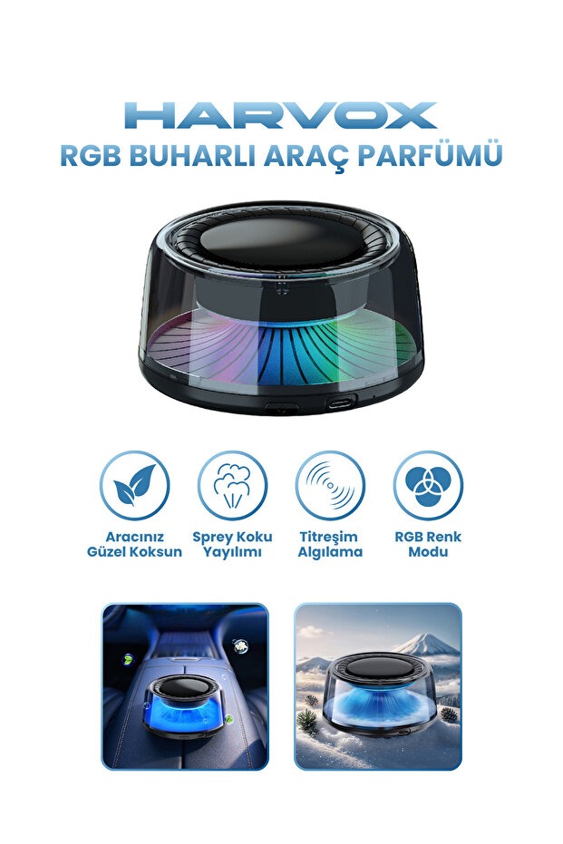 Harvox Akıllı RGB Buharlı Araç Parfümü - Titreşim Sensörlü Otomatik Difüzör - Şarjlı Lüks Araç Kokusu