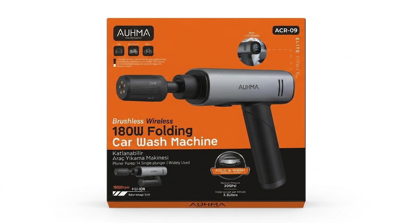 AUHMA ACR-09 Elite Power Katlanabilir Şarjlı Yıkama Makinesi - 180W Brushless Motor, 203 PSI, LCD Ekranlı
