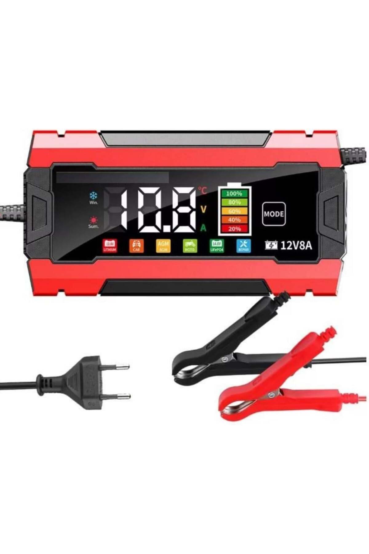12V 8A Akıllı Akü Şarj Cihazı - LCD Ekranlı, Nabız Onarım (Pulse Repair) Özellikli, Otomatik Tam Şarj Kesme