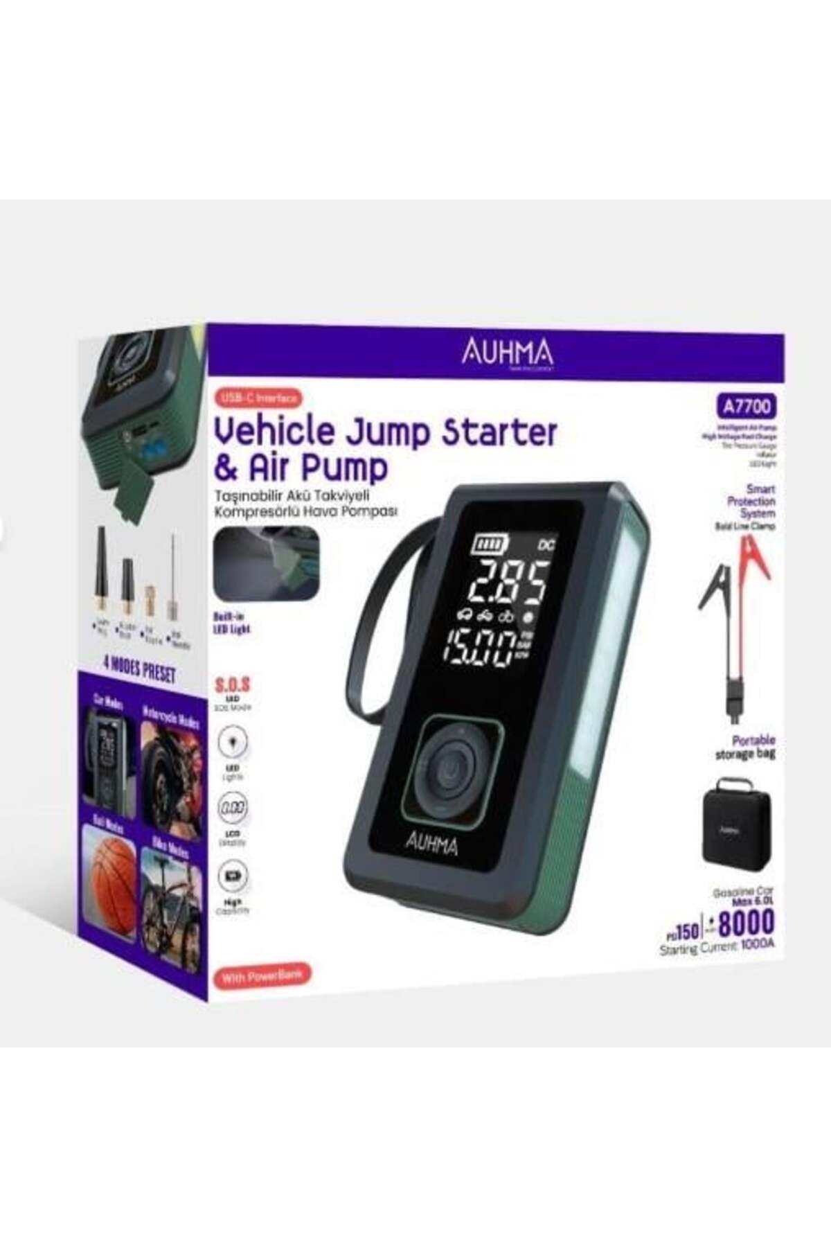 AUHMA Taşınabilir Akü Takviye Seti ve Lastik Şişirme Pompası - 4'ü 1 Arada Acil Durum Kiti - S.O.S Fenerli & Powerbank