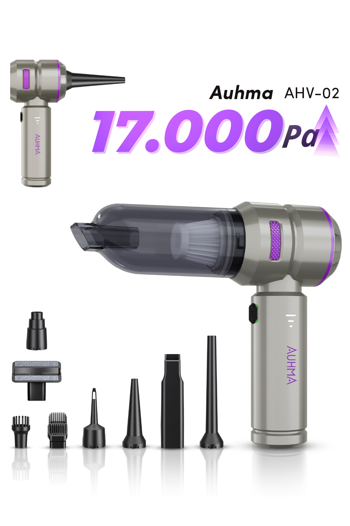 Auhma AHV-02 Kablosuz Araç İçi Süpürge | 17000PA Güçlü Vakum | Fırçasız Motor | Üfleme & Vakum