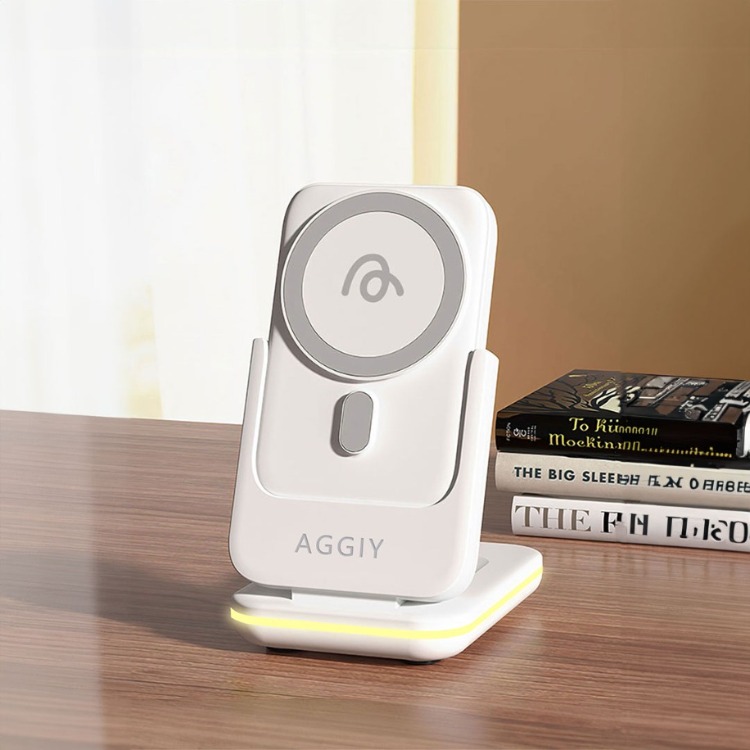 Siyah AGGIY AG-W18 MagSafe Uyumlu Siyah Kablosuz Şarj Cihazı | LED Işıklı Masa Standı