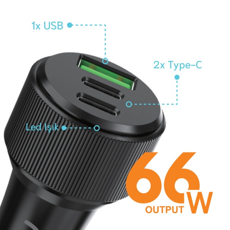 Araç İçi Hızlı Şarj Cihazı – 2x Type-C + 1x USB Çıkışlı
