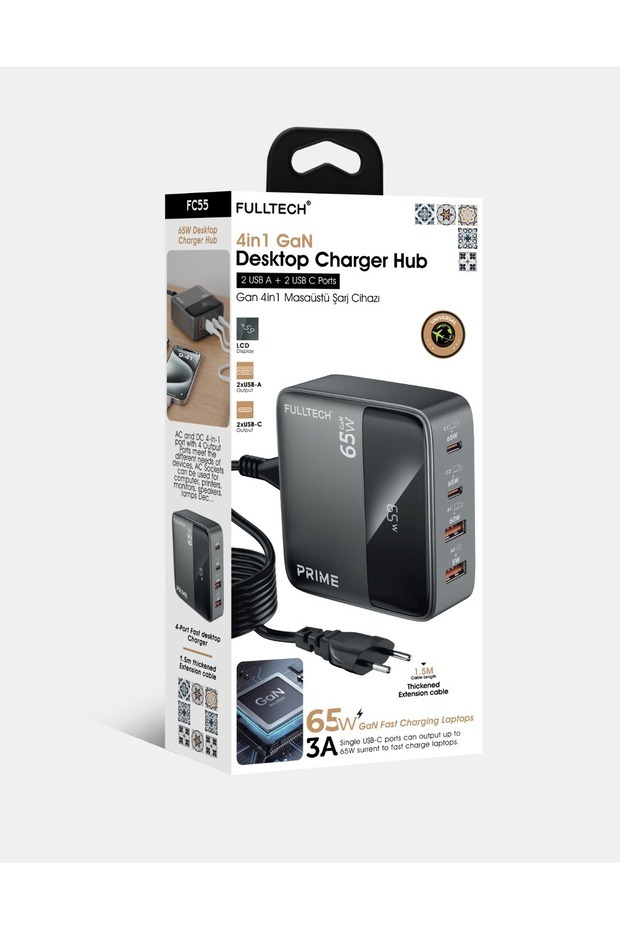 65W 4in1 GaN Masaüstü Hızlı Şarj Cihazı | 2 USB + 2 Type-C