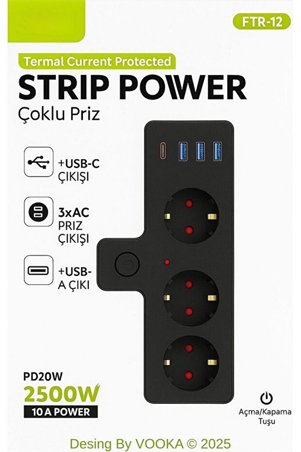 Termal Akım Korumalı 3 Priz / 3 Usb / 1 Type C 3 Lü Priz
