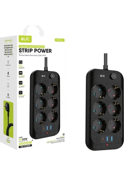 Blic 3’lü Priz ve USB Şarj Istasyonu | 2 USB 1 Type-C | Termal Akım, Çocuk Korumalı
