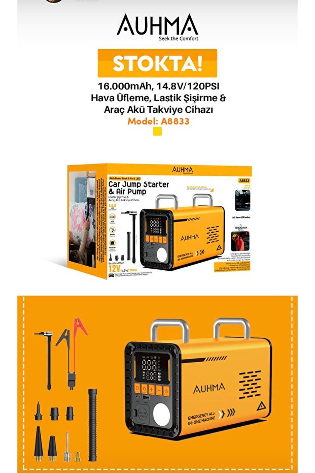 16.000 Mah Akü Takviyeli Şarjlı Hava Pompası Powerbank Dijital Fener & Üfleme