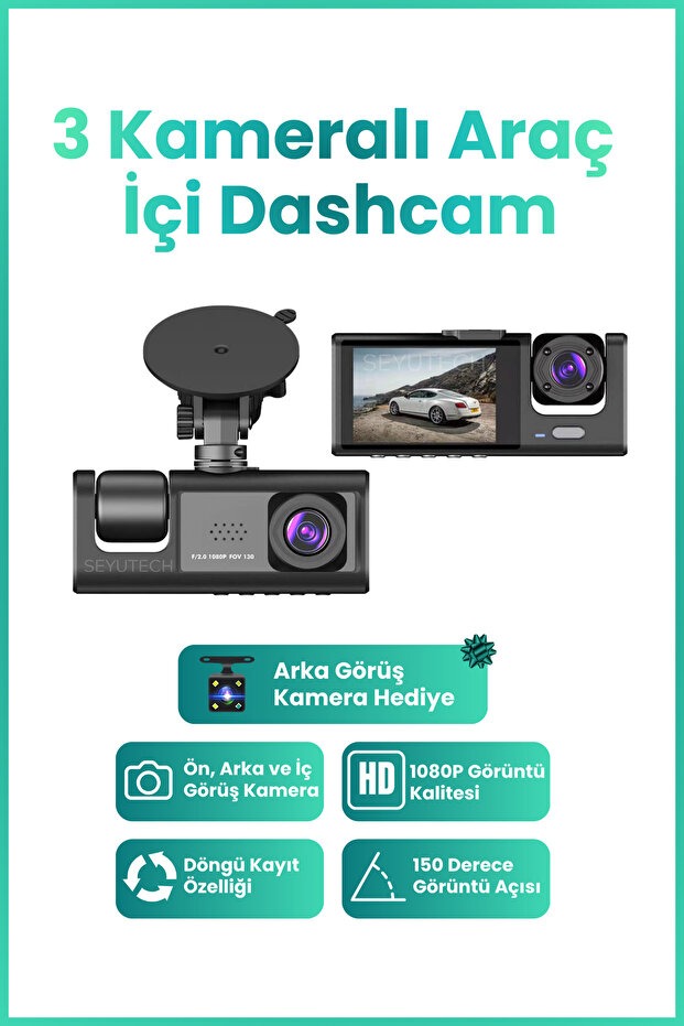 Araç İçi HD Kamera 3 Kameralı Wifi 1080P HD Gece Görüşlü