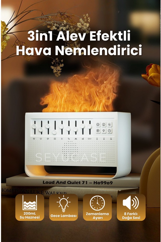 Bluetooth Hoparlörlü Doğa Sesli Hava Nemlendirici Alev Efektli Buhar Makinesi