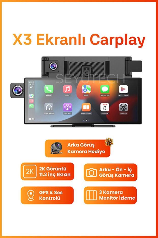 Ekranlı Carplay Apple Android Uyumlu 2K Görüntü Arka/Ön/İç Kameralı