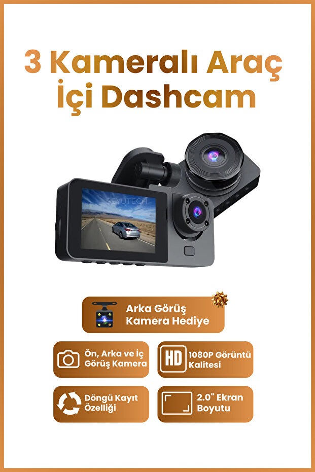 Araç İçi Hd Kamera 3 Kameralı Wifi Özellikli 1080P Full Hd Gece Görüşlü