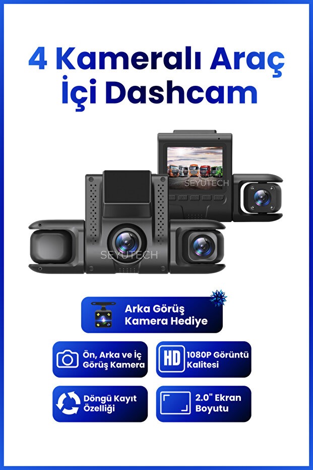 Araç İçi Hd Kamera 4 Kameralı Wifi 1080P Full Hd Gece Görüşlü